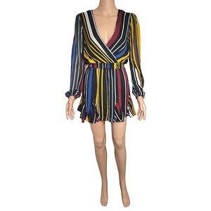 Multi color romper with sheer cinched sleeves